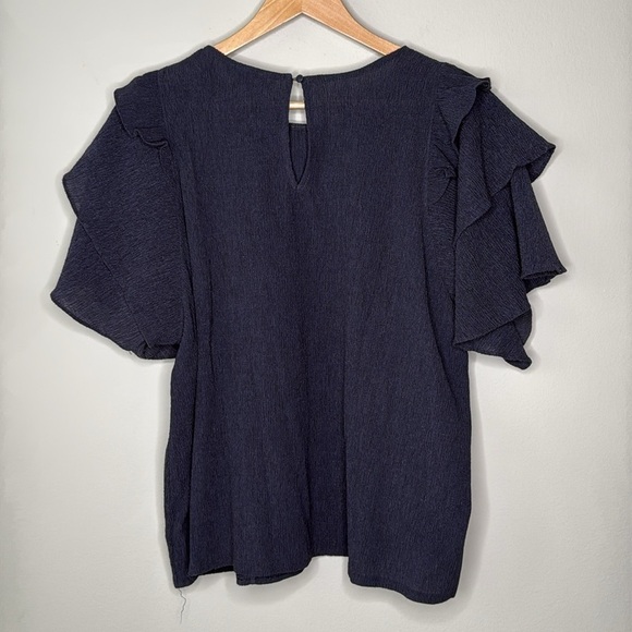 EXPRESS Crepe Ruffle Short Sleeve Blouse in Navy Size XL EUC - Picture 3 of 5
